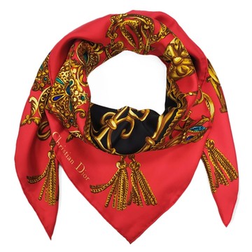 DIOR 迪奧 歐風繁華圖騰墜飾方型絲巾-紅色