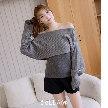【秋冬新品】BeLLA 露肩針織兩件式上衣 灰色
