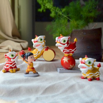 創意可愛中國風擺件舞獅公仔手辦國潮小裝飾醒獅開業禮品生日禮物