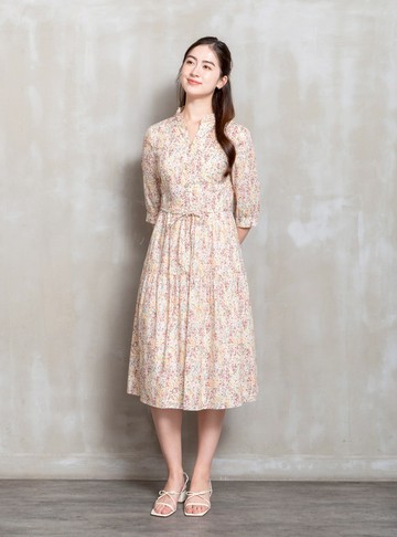 暖陽花綻散襬棉質洋裝（附腰帶）