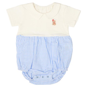 akachan honpo - 短袖拼接平織包屁衣-格紋-淺藍色