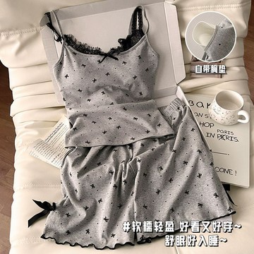【臺灣出貨】帶胸墊新款蝴蝶結吊帶睡衣女 夏季蕾絲女生睡衣 可外穿純欲風性感家居服