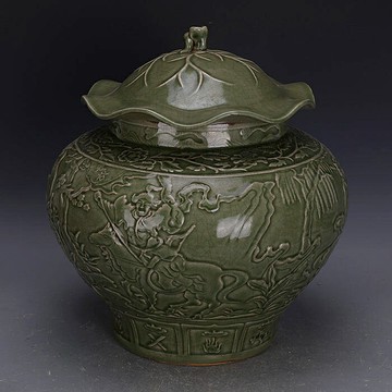 清龍泉窯青瓷浮雕鬼谷子下山荷葉蓋罐仿出土老貨古瓷器古玩收藏