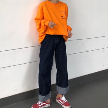 復古簡約百搭深色明線拖地直筒牛仔褲女新款寬松顯瘦闊腿長褲1入