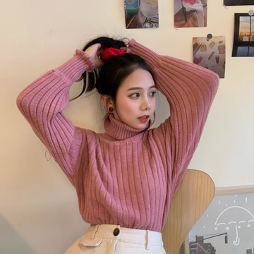 寬松加厚針織衫毛衣外套高領純色中長款上衣女潮1入