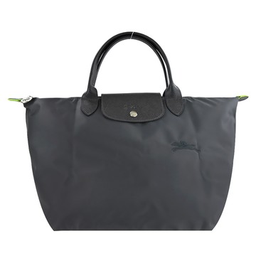[平輸版]LONGCHAMP LE PLIAGE GREEN系列刺繡短把再生尼龍摺疊水餃包(中/石墨灰)真品平輸