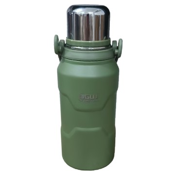 GGUJ 316不鏽鋼戶外保溫水壺 便攜背帶設計 杯蓋/直飲雙用  軍綠色  1個  1200ml
