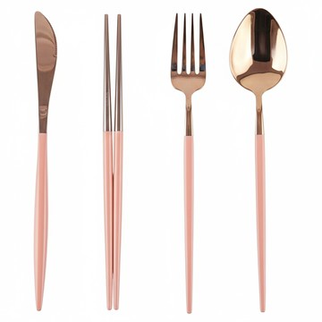 SSUEIM Mariebel系列 不鏽鋼餐具4件組  湯匙 + 筷子 + 叉子 + 刀子  粉紅色  1組