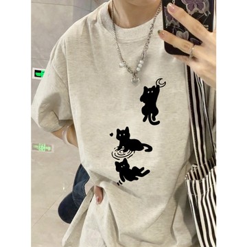 一定要試試！貓咪上衣 短袖上衣 oversize t恤 短袖T恤 灰色上衣 可愛穿搭 顯瘦上衣 韓系穿搭 夏天上衣 女t