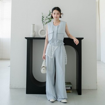 現貨★棉麻套裝!圓領工裝口袋鬆緊襬拉鍊外套+腰後鬆緊口袋長褲(共2色)0513 【NR0837】