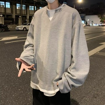 【臺灣出貨】亨利衫美式ins華夫格假兩件長袖T恤男港風春秋寬鬆套頭打底上衣男士長袖男生運動上衣秋季薄款長袖