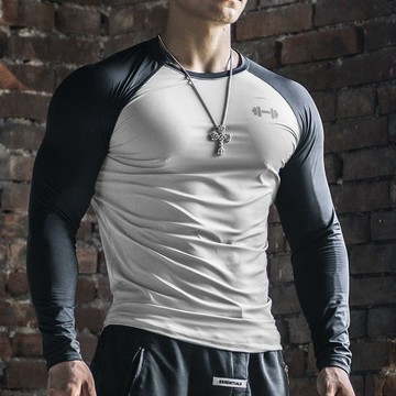 新品【秋冬】修身T恤健身衣男跑步潮牌拼接運動速幹緊身衣服器械訓練長袖t恤