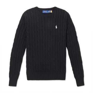 Polo Ralph Lauren RL 熱銷圓領刺繡小馬麻花毛衣(女)-黑色