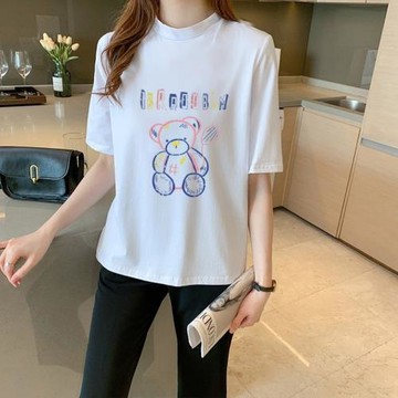 純棉短袖t恤女2025年夏季新款卡通印花大版體恤潮寬松小立領上衣