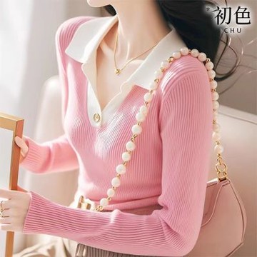 初色 復古顯瘦POLO領長袖打底內搭毛衣針織衫上衣女上衣-共2色-38017(F可選)