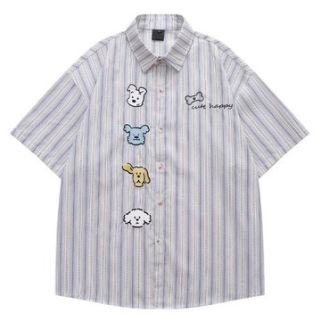 SHISANXUN夏季小狗刺繡條紋短袖襯衫男女寬松情侶休閑襯衣外套潮
