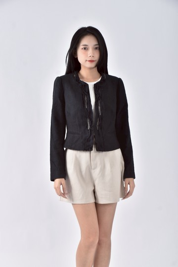 (S) penny yuh小香風羊毛鉤釦荷葉金蔥黑色外套