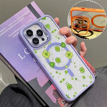 轉運四葉草 磁吸手機殼 金屬鏡頭支架 保護殼 適用於iPhone 17 16 15 14 13 12 11 Max防摔殼