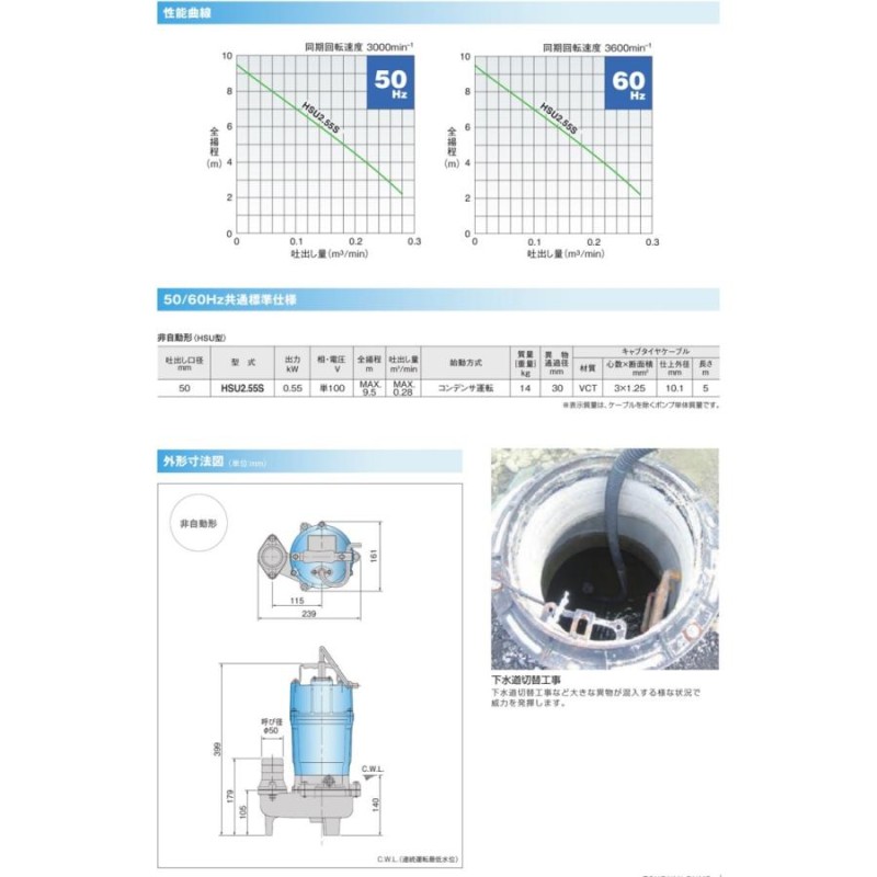 ツルミ 水中ポンプ 100V 強力 異物30mm対応 排水ポンプ HSU2.55S 0.55kW 50mm 2インチ 汚水ポンプ 工事用ポンプ 土砂水  汚物 | LINEショッピング