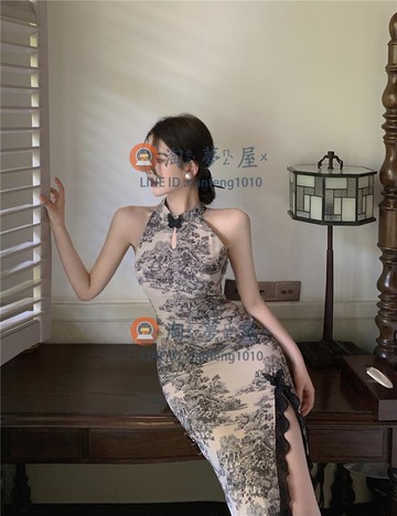 改良式旗袍連衣裙 國風水墨中長裙夏季新款性感掛脖裙【淘夢屋】