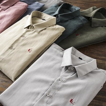 看做工細節！刺繡點綴！外貿男裝純色通勤百搭休閑長袖襯衫上衣潮