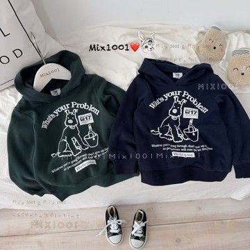 🌈✨mix1001 磨毛 濃眉狗狗印圖連帽上衣✨兒童小布標狗狗上衣 5-17