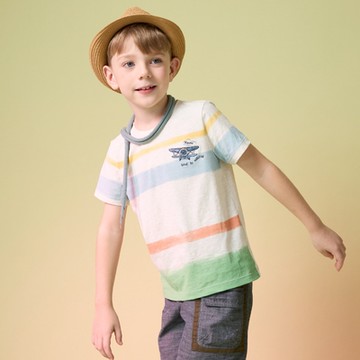 PIPPY童畫水彩條紋印花飛機刺繡百搭圓領上衣 藍