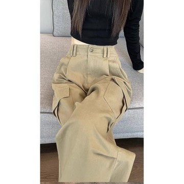 (免運)卡其色工裝褲女春秋2025新款美式高腰寬松顯瘦休閑窄版直筒闊腿褲