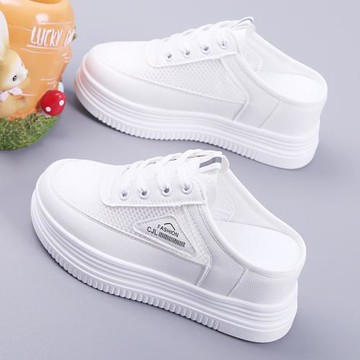 2024夏季新款松糕厚底女鞋鏤空透氣半拖女網鞋百搭內增高小白鞋女