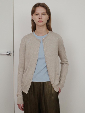 Cotton Basic Relaxed Fit Round Cardigan [Beige]
