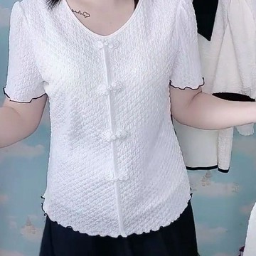 限量福利🎁格子泡泡皺短袖t恤女上衣2026夏新款修身盤扣蕾絲衫媽媽V領小衫潮9IKN