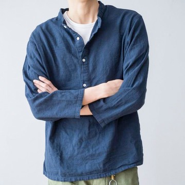 日系搭配 棉麻小立領套頭襯衫 寬松款青年襯衫 秋冬換季 輕旅遊