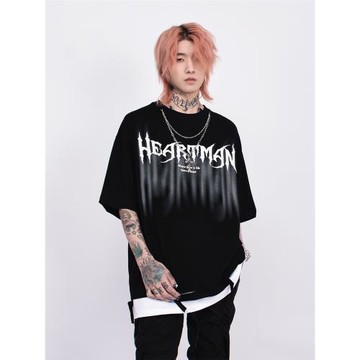 Mz 美式街頭破洞假兩件短袖T恤男ins潮牌潮流歐美炸街寬松bf上衣