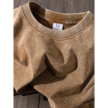 蠟染咖啡色！水洗做舊短袖T恤男女夏季重磅純棉半袖寬松百搭上衣