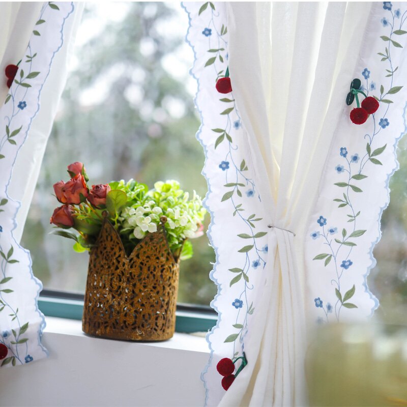 田園清新半遮光窗簾臥室飄窗免打孔半簾小窗戶透光定制花邊窗簾布