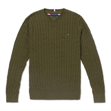 TOMMY 熱銷圓領刺繡Logo麻花針織毛衣-墨綠色