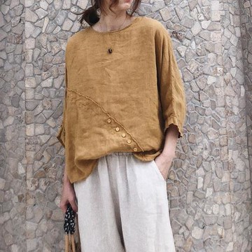 春夏新女日系韓版大碼蝙蝠袖棉麻亞麻寬松休閑七分袖套頭襯衫