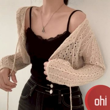 【ohi】系帶蝴蝶結縷空寬鬆長袖防曬衫 針織開衫 罩衫 防曬衫 外套 小外套 開衫外套 女上衣 女裝 GWH2215