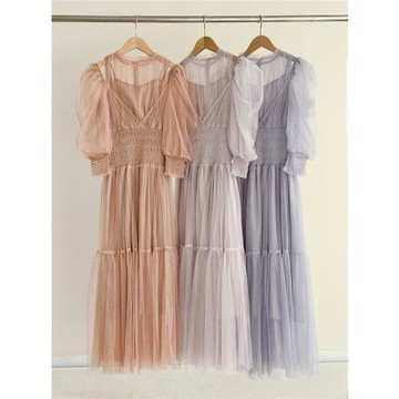 小泡芙日系清楚系女裝千金風泡泡袖束腰抽褶薄紗露肩收腰連衣長裙