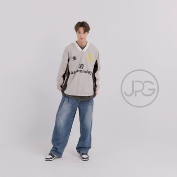 【JPG】美式復古休閒上衣 時尚撞色Y2K運動風 (淺灰x黑)