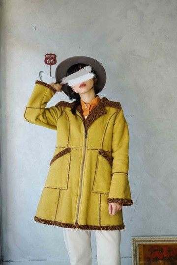 尋寶古著-薑黃麂皮絨羔羊滾邊大衣外套