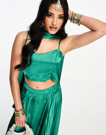 Kanya London Lehenga spaghetti strap crop top in emerald-Green