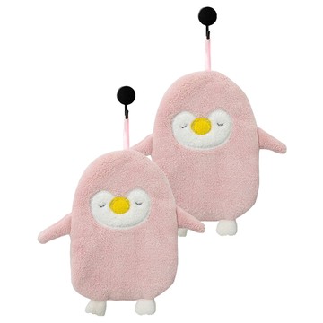 企鵝超吸水珊瑚絨擦手巾 深粉色 柔軟舒適 可愛造型 掛繩設計 方便收納  2條  1入