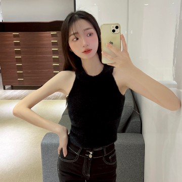 圓領削肩薄毛背心【28081】Sandy33實拍春夏新款韓系INS休閒百搭氣質露肩無袖掛脖背心 針織背心小背心