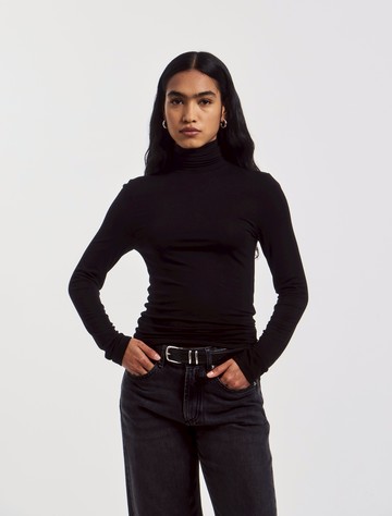Soft Roll Neck Long Sleeve Top in Black - Micro Modal Ninety Percent