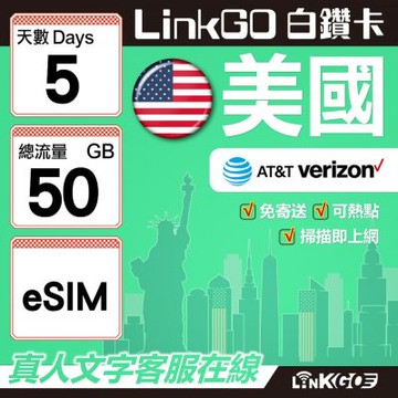 LinkGO白鑽卡  美國 eSIM卡 5天上網卡 總流量50GB 高速流量(美國網卡 舊金山 洛杉磯 紐約 西雅圖)