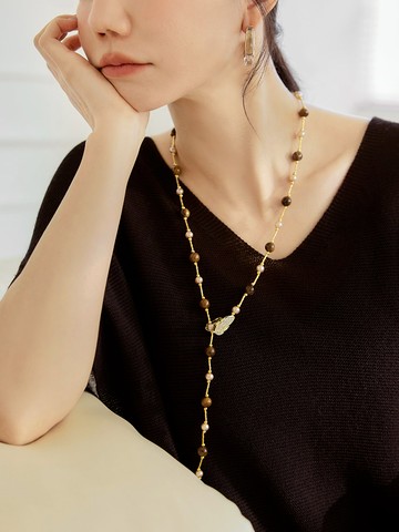 質感可調式琥珀色珍珠長鏈