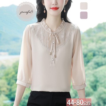 木耳立領繫帶繡花排釦七分袖上衣(2色) M-4XL【344051X】【現+預】☆流行前線☆