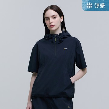 女裝 FROZEN CUBE 涼感 連帽半開拉鍊 短袖上衣 - 炭黑色