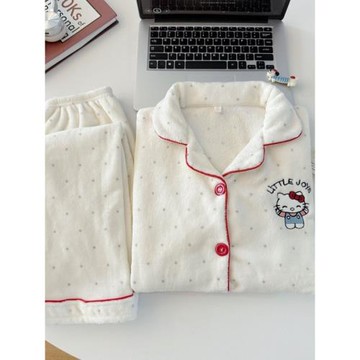 hellokitty睡衣女秋冬款珊瑚絨加絨保暖法蘭絨開衫甜美家居服套裝